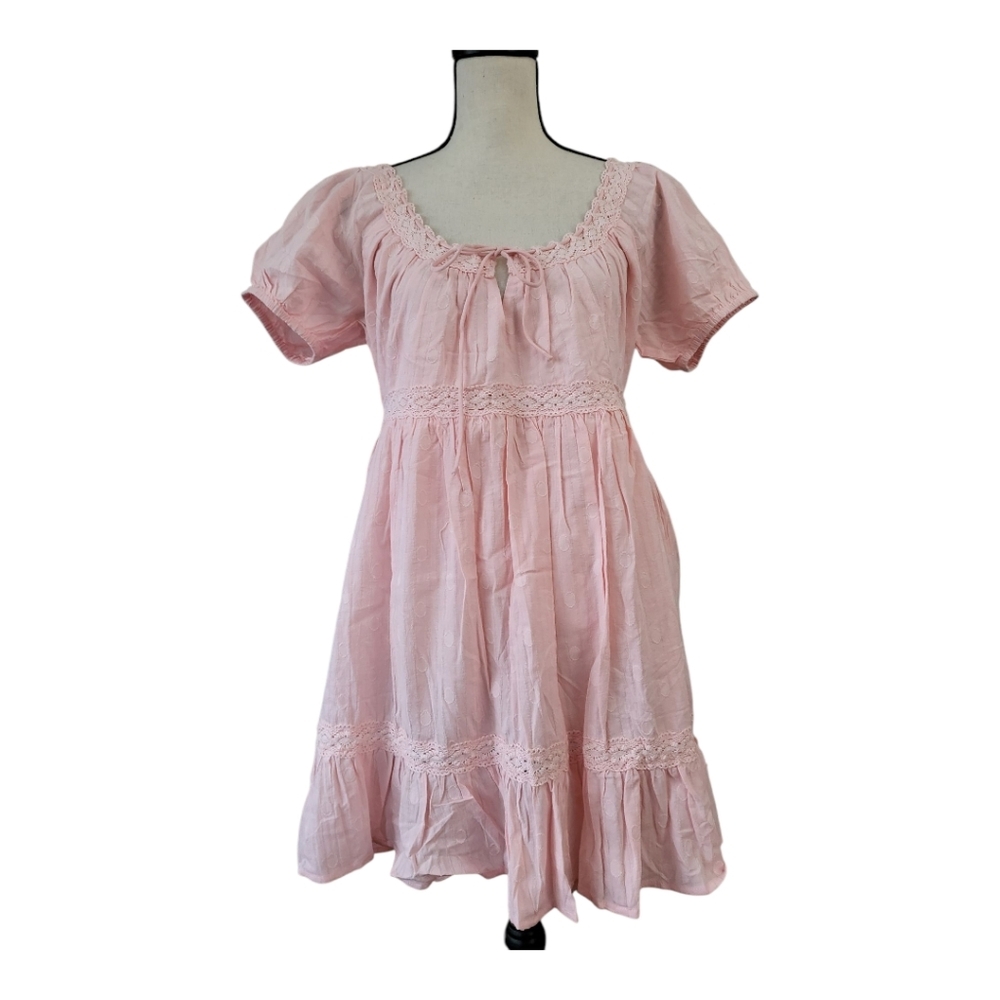 LULU'S Pink So Darling Dotted Short Sleeve Mini Dress Women Size M New C…